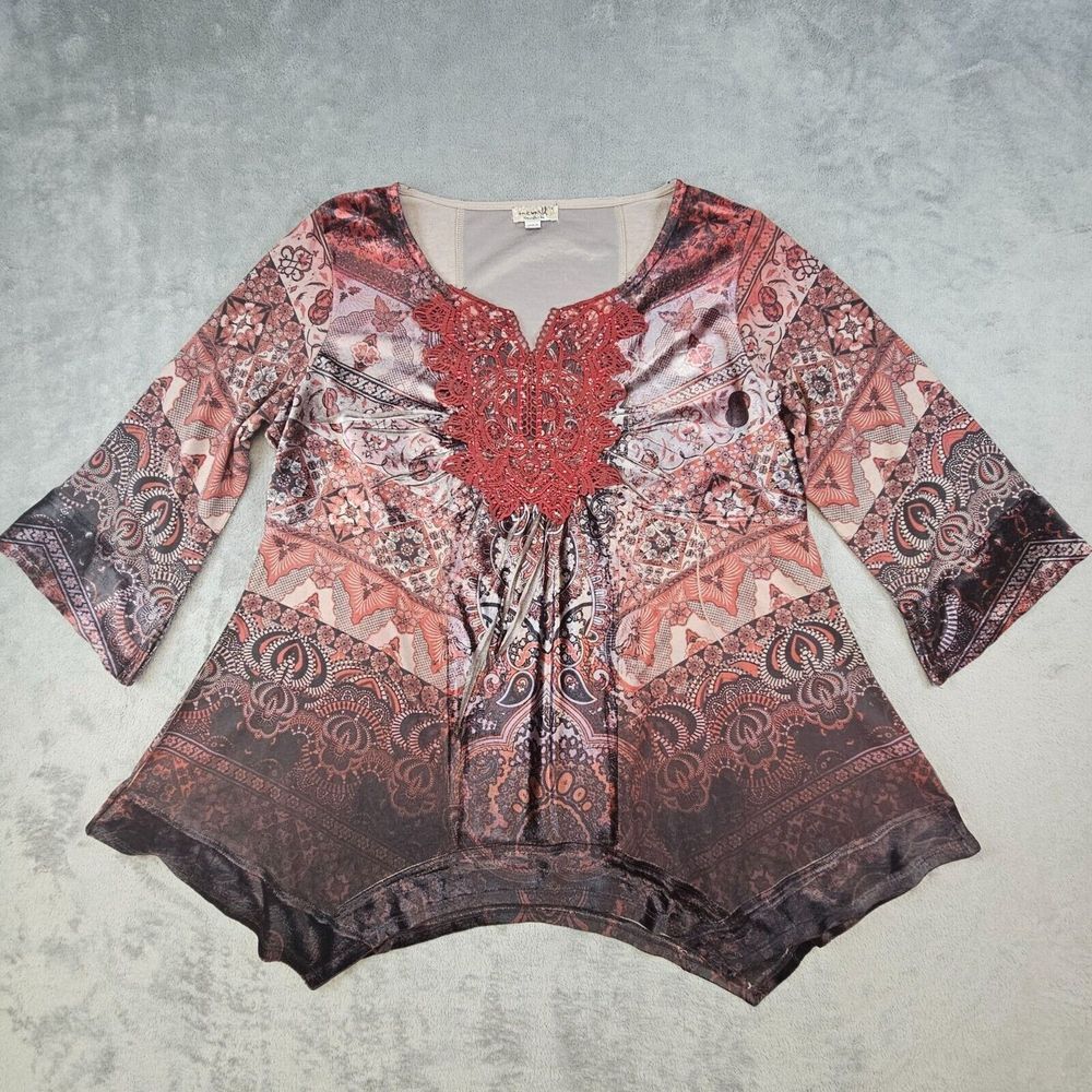 One World Boho Paisley Print‎ Tunic Top Women's 1X Crochet Lace Detail Red Black - Picture 4 of 10
